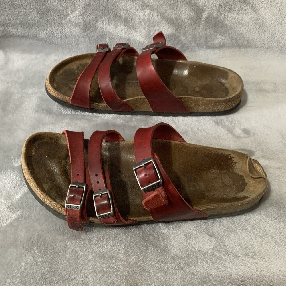 Birkenstock Womens Sandals Size 9 Florida Red Leather 3-Strap Buckle Slide Boho